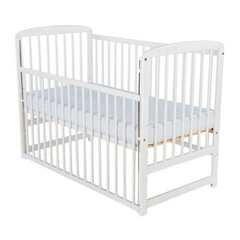 Patut din lemn Ola BabyNeeds 120x60 cm cu laterala culisanta Alb + Saltea 12 cm
