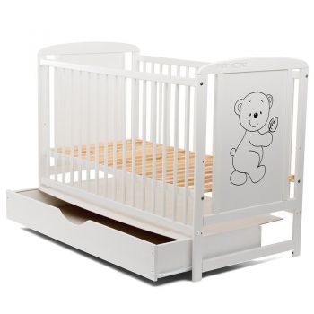 Patut din lemn Timmi BabyNeeds 120x60 cm cu sertar Alb + Saltea 8 cm