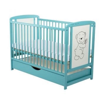 Patut din lemn Timmi BabyNeeds 120x60 cm cu sertar Mint + Saltea 12 cm