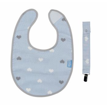 Baveta cu suport pentru suzeta Little Hearts Blue