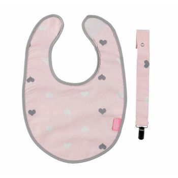 Baveta cu suport pentru suzeta Little Hearts Pink