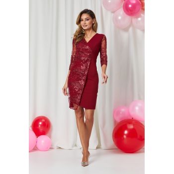 Rochie eleganta din licra cu tull brodat Verona Bordo ieftina