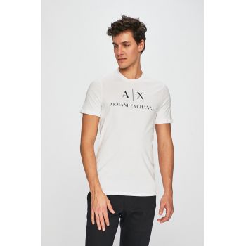 Armani Exchange tricou barbati, culoarea alb, cu imprimeu ieftin