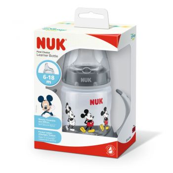 Biberon Nuk First Choice 150ml cu toarte si adaptor din silicon Mickey gri 6 luni+