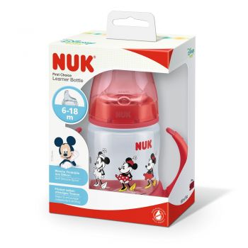 Biberon Nuk First Choice 150ml cu toarte si adaptor din silicon Mickey rosu 6 luni+ ieftin