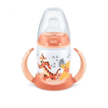 Biberon Nuk First Choice 150ml cu toarte si adaptor din silicon orange Disney 6 luni+ ieftin