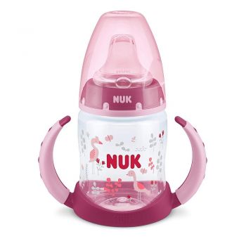 Biberon Nuk First Choice 150ml cu toarte si adaptor din silicon roz 6 luni+ ieftin