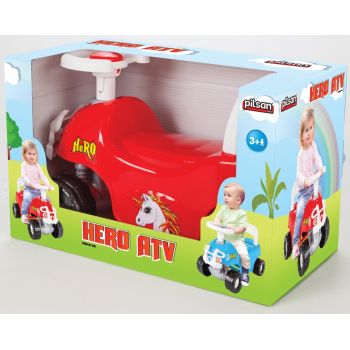 Masinuta Ride-On Pilsan Hero ATV rosie, actionata cu picioarele, claxon, spatar detasabil, greutate maxima admisa 35 Kg
