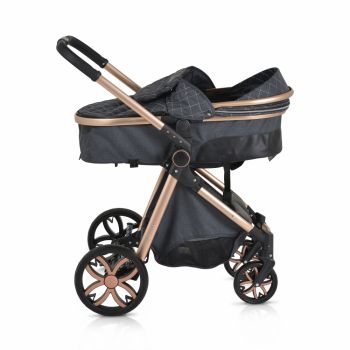 Carucior 2in1 transformabil Moni Alma Black cu Sezut reversibil,Cadru din aluminiu,Roti EVA rezistente cu suspensii, Frana,Capotina cu vizier, Spatar reglabil, Centura de siguranta,Cos de cumparaturi, Husa picioare si Geanta