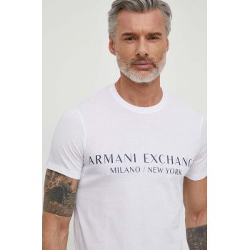 Armani Exchange Tricou bărbați, culoarea alb, cu imprimeu ieftin