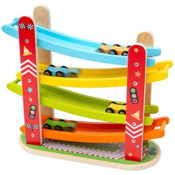 Jucarie BigJigs Toys din Lemn Cursa Masinutelor cu Rampa Etajata