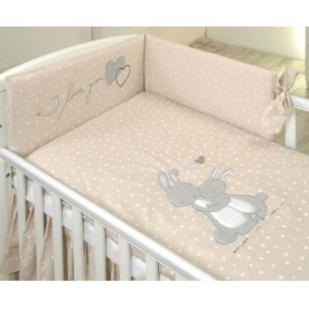 Set lenjerie din bumbac cu protectie laterala pentru pat 140x70cm Iepuras Bej