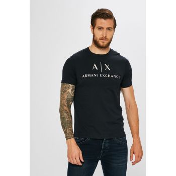 Armani Exchange tricou barbati, culoarea albastru marin, cu imprimeu ieftin