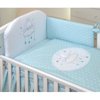 Set lenjerie din bumbac cu protectie laterala pentru pat bebelusi Sky Bunny Turquoise 120 x 60 cm la reducere