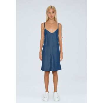 Rochie din denim - cu decolteu in V si barete incrucisate pe partea din spate