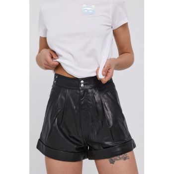 The Kooples Pantaloni scurți de piele femei, culoarea negru, material neted, high waist