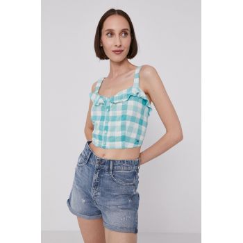 Pepe Jeans Bluză VALENTINA femei, culoarea turcoaz, in carouri de firma originala