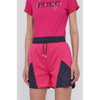 Hugo Pantaloni scurți femei, culoarea roz, material neted, high waist