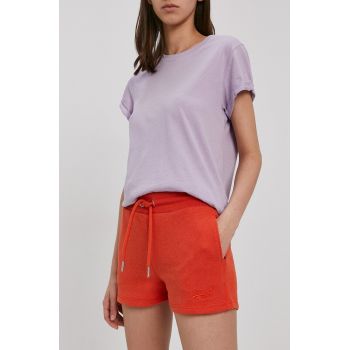 Superdry Pantaloni scurți femei, culoarea portocaliu, material neted, medium waist