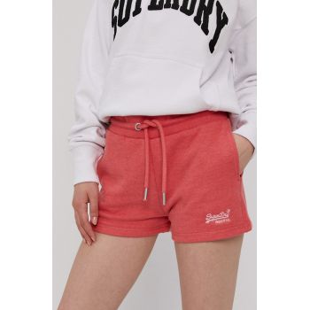 Superdry Pantaloni scurți femei, culoarea roz, material neted, high waist ieftini