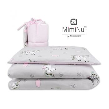 Lenjerie patut 3 piese cu protectie laterala Pink Unicorn din bumbac pentru patut 120x60 cm