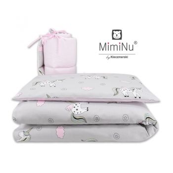 Lenjerie patut 3 piese cu protectie laterala Pink Unicorn din bumbac pentru patut 120x60 cm