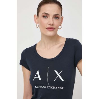 Armani Exchange tricou din bumbac femei, culoarea albastru marin de firma original