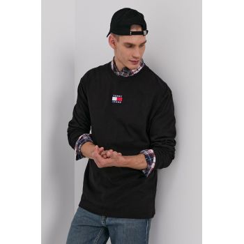 Tommy Jeans Longsleeve bărbați, culoarea negru, cu imprimeu