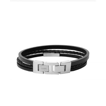 Multi-Strand Silver-Tone Steel and Black Leather Bracelet JF03322040