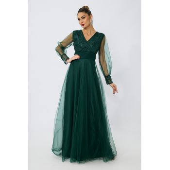Rochie de ocazie din tull cu dantela Dinasty Verde ieftina la reducere