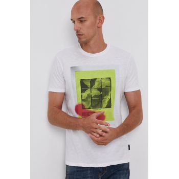 Sisley Tricou din bumbac culoarea alb, cu imprimeu