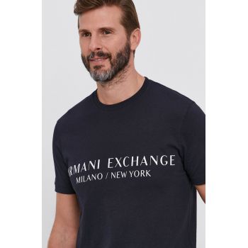 Armani Exchange Tricou bărbați, culoarea albastru marin, cu imprimeu de firma original