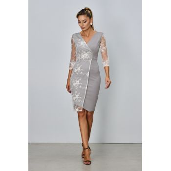 Rochie eleganta din licra cu tull brodat Verona Gri Deschis