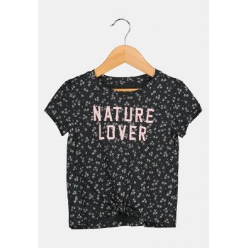 Tricou de bumbac cu text brodat - Negru stins/Alb/Roz