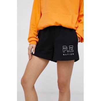 P.E Nation Pantaloni scurți din bumbac femei, culoarea negru, material neted, high waist