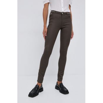 Morgan Pantaloni femei, culoarea verde, mulat, medium waist