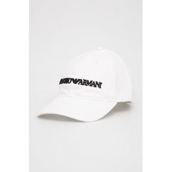 Emporio Armani șapcă din bumbac culoarea alb, cu imprimeu de firma originala
