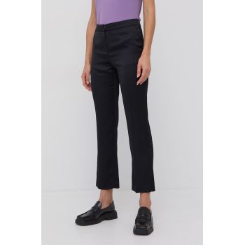 Boss Pantaloni din lână femei, culoarea negru, model drept, high waist