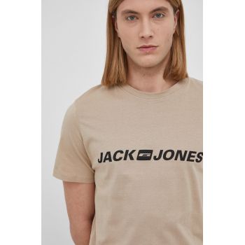 Jack & Jones Tricou din bumbac culoarea bej, cu imprimeu