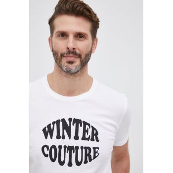 Sisley Tricou din bumbac culoarea alb, cu imprimeu