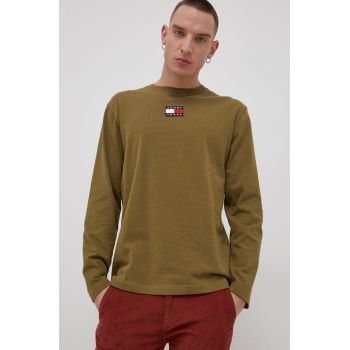 Tommy Jeans Longsleeve bărbați, culoarea bej, cu imprimeu