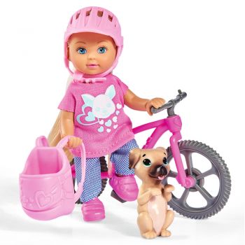 Papusa Simba Evi Love 12 cm Holiday Bike cu bicicleta si catelus