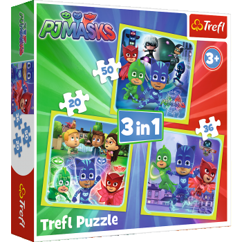 Set puzzle 3 in 1 Trefl Eroi in Pijama, Gata de actiune, 1x20 piese, 1x36 piese, 1x50 piese