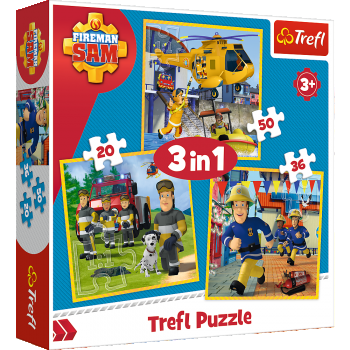 Set puzzle 3 in 1 Trefl Fireman Sam, Pompierul Sam in actiune, 1x20 piese, 1x36 piese, 1x50 piese