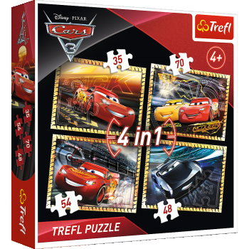 Set puzzle 4 in 1 Trefl Disney Cars, Gata de cursa 1x35 piese, 1x48 piese, 1x54 piese, 1x70 piese