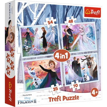 Set puzzle 4 in 1 Trefl Disney Frozen 2, In padurea magica, 1x35 piese, 1x48 piese, 1x54 piese, 1x70 piese