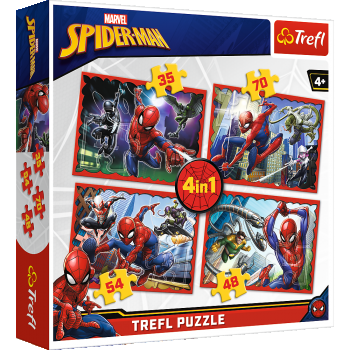 Set puzzle 4 in 1 Trefl Marvel Spider Man, Forta paianjenului, 1x35 piese, 1x48 piese, 1x54 piese, 1x70 piese