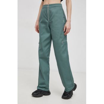 Adidas Originals Pantaloni de bumbac HE4737 femei, culoarea verde, model drept, high waist