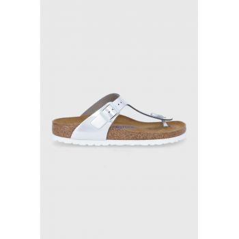 Birkenstock slapi de piele Gizeh femei, culoarea argintiu, cu toc plat, 1003675