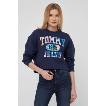 Tommy Jeans hanorac de bumbac femei, culoarea albastru marin, cu imprimeu ieftin